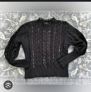 Express Elegant Sequined and Puff Sleeves Black Cable Knit Sweater